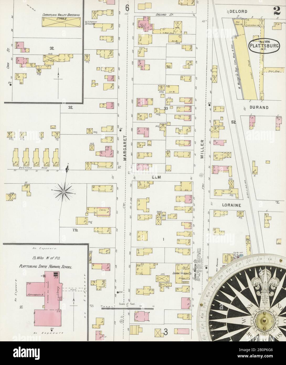 Immagine 2 Della Mappa Sanborn Fire Insurance Di Plattsburg, Clinton County, New York. Nov 1896. 11 fogli, America, mappa stradale con una bussola Del Xix Secolo Foto Stock