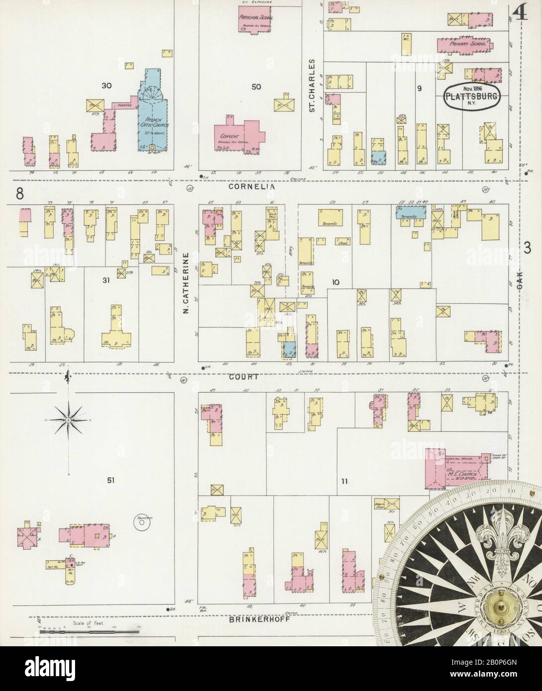 Immagine 4 Della Mappa Sanborn Fire Insurance Di Plattsburg, Clinton County, New York. Nov 1896. 11 fogli, America, mappa stradale con una bussola Del Xix Secolo Foto Stock