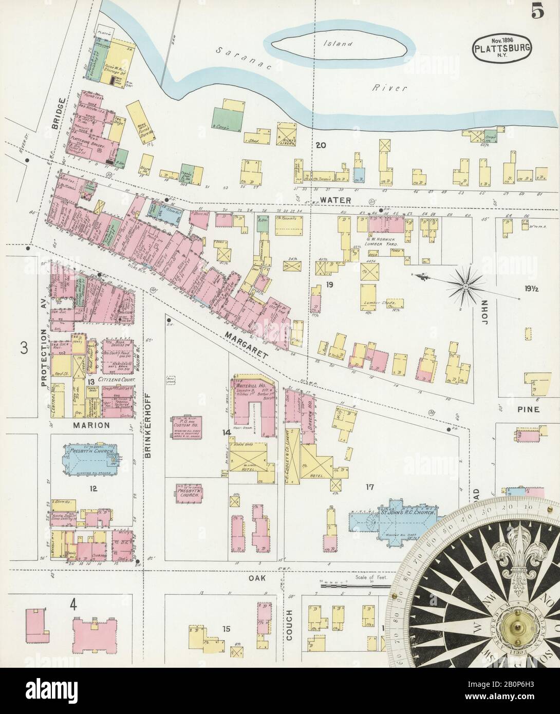 Immagine 5 Della Mappa Sanborn Fire Insurance Di Plattsburg, Clinton County, New York. Nov 1896. 11 fogli, America, mappa stradale con una bussola Del Xix Secolo Foto Stock