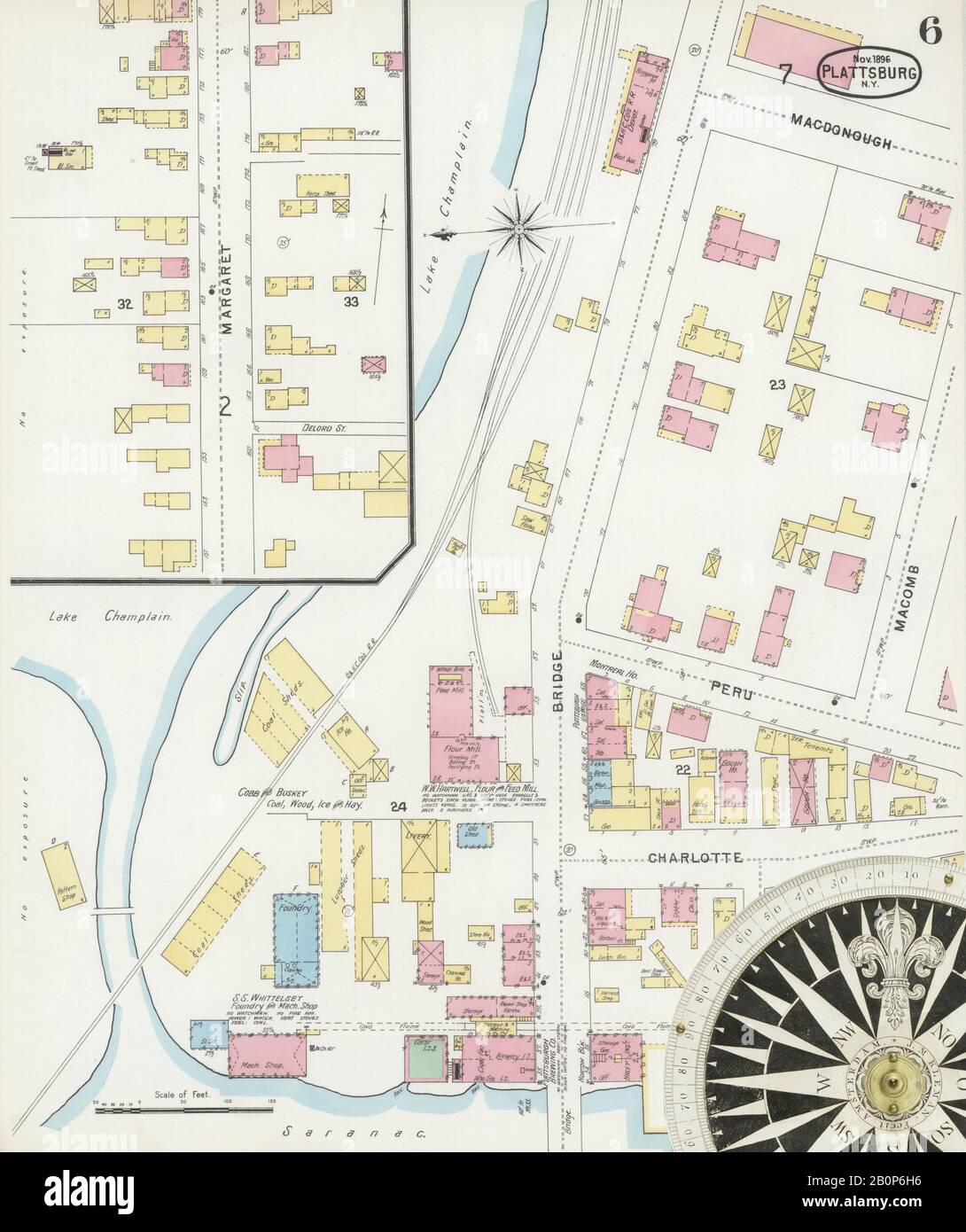 Immagine 6 Della Mappa Sanborn Fire Insurance Di Plattsburg, Clinton County, New York. Nov 1896. 11 fogli, America, mappa stradale con una bussola Del Xix Secolo Foto Stock