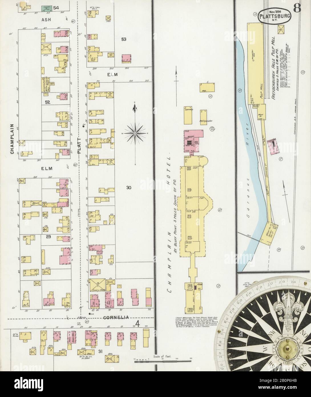 Immagine 8 Della Mappa Sanborn Fire Insurance Di Plattsburg, Clinton County, New York. Nov 1896. 11 fogli, America, mappa stradale con una bussola Del Xix Secolo Foto Stock