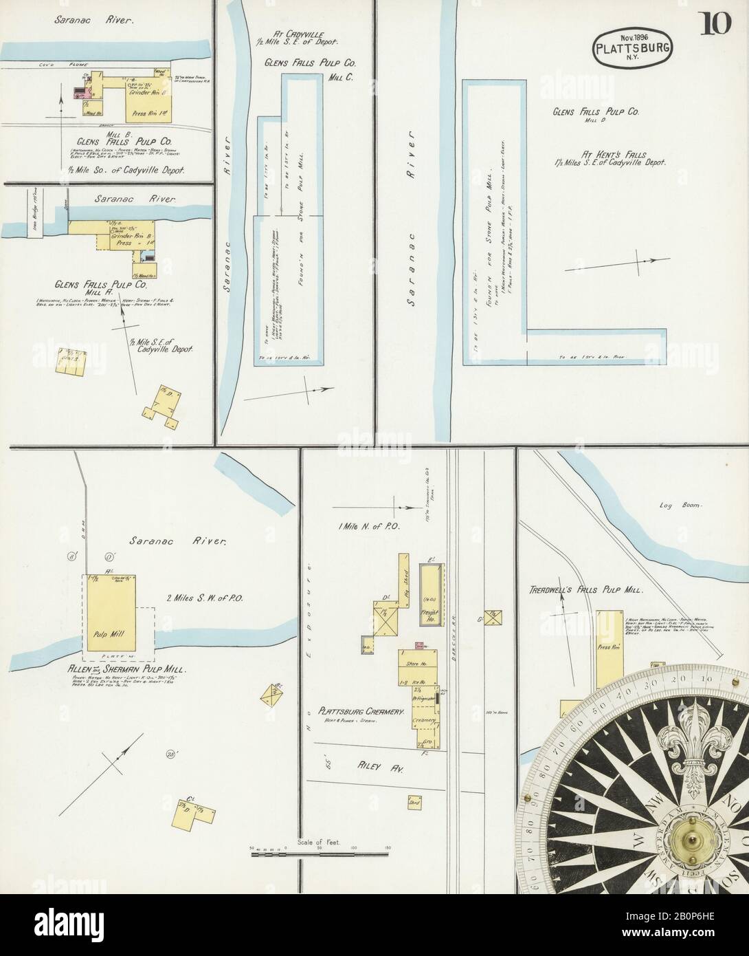 Immagine 10 Della Mappa Sanborn Fire Insurance Di Plattsburg, Clinton County, New York. Nov 1896. 11 fogli, America, mappa stradale con una bussola Del Xix Secolo Foto Stock