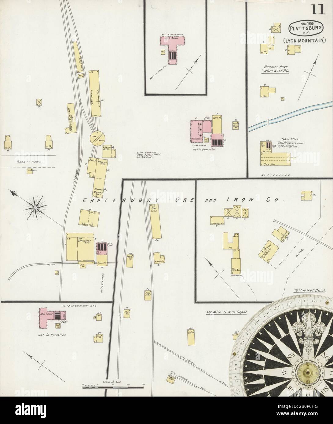 Immagine 11 Della Mappa Sanborn Fire Insurance Di Plattsburg, Clinton County, New York. Nov 1896. 11 fogli, America, mappa stradale con una bussola Del Xix Secolo Foto Stock