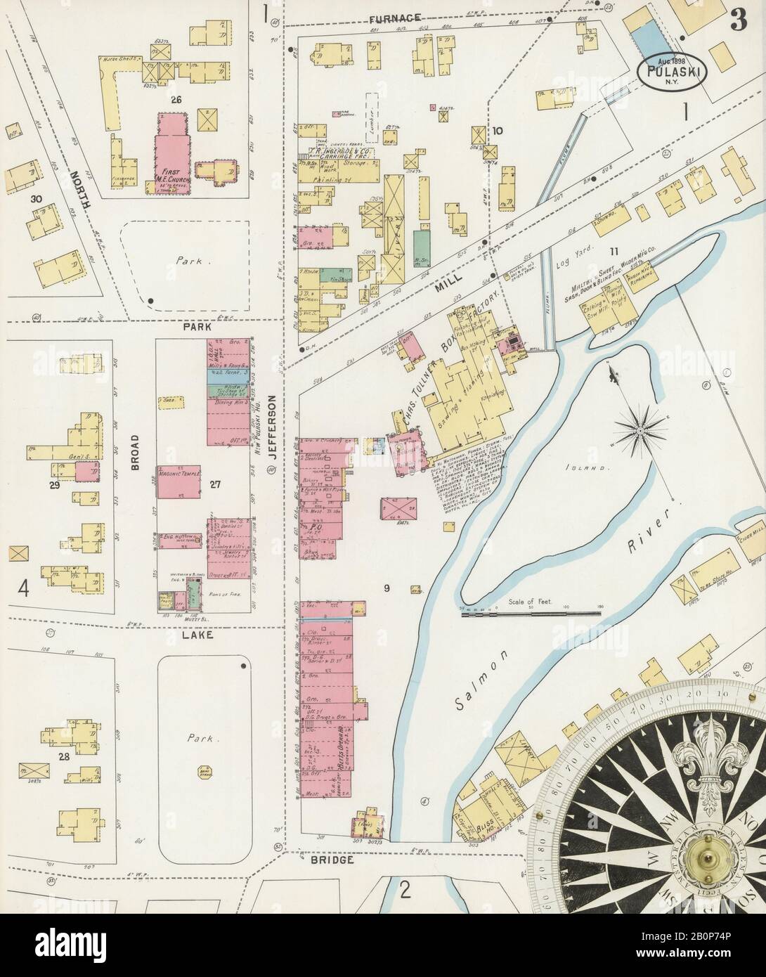 Immagine 3 Della Mappa Sanborn Fire Insurance Di Pulaski, Oswego County, New York. Ago 1898. 4 fogli, America, mappa stradale con una bussola Del Xix Secolo Foto Stock