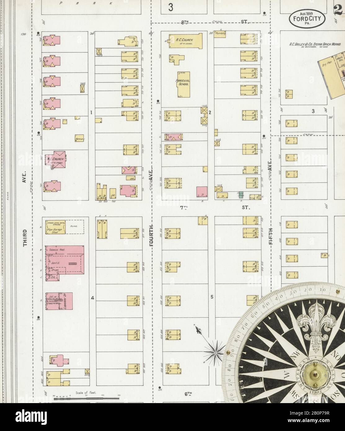 Immagine 2 Della Mappa Sanborn Fire Insurance Di Ford City, Armstrong County, Pennsylvania. Ago 1899. 5 fogli, America, mappa stradale con una bussola Del Xix Secolo Foto Stock