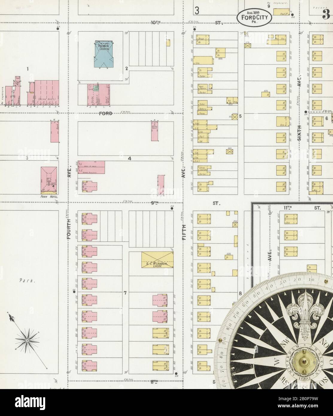 Immagine 3 Della Mappa Sanborn Fire Insurance Di Ford City, Armstrong County, Pennsylvania. Ago 1899. 5 fogli, America, mappa stradale con una bussola Del Xix Secolo Foto Stock