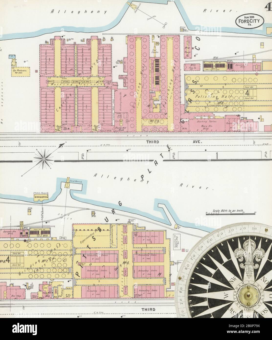 Immagine 4 Della Mappa Sanborn Fire Insurance Di Ford City, Armstrong County, Pennsylvania. Ago 1899. 5 fogli, America, mappa stradale con una bussola Del Xix Secolo Foto Stock