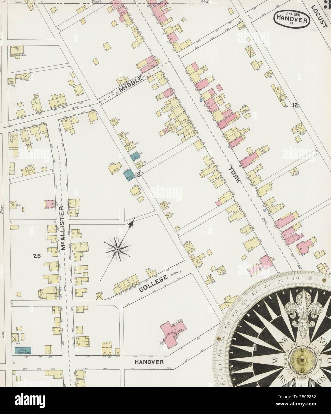 Immagine 3 Della Mappa Sanborn Fire Insurance Di Hanover, York County, Pennsylvania. Set 1891. 6 fogli, America, mappa stradale con una bussola Del Xix Secolo Foto Stock