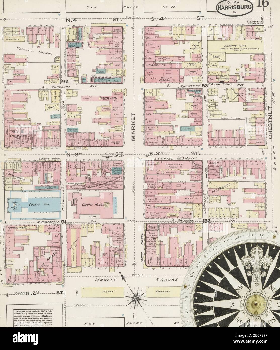 Immagine 16 Della Mappa Sanborn Fire Insurance Di Harrisburg, Dauphin County, Pennsylvania. Ott 1884. 28 fogli, America, mappa stradale con una bussola Del Xix Secolo Foto Stock
