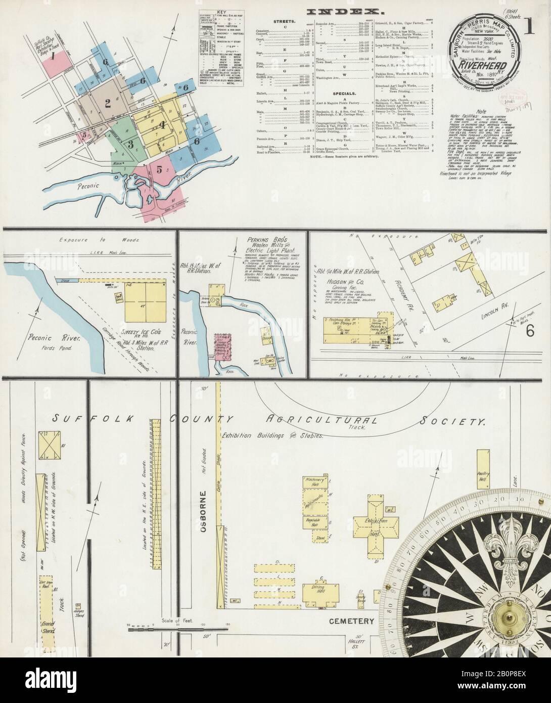 Immagine 1 Della Mappa Sanborn Fire Insurance Di Riverhead, Suffolk County, New York. Mar 1897. 6 fogli, America, mappa stradale con una bussola Del Xix Secolo Foto Stock