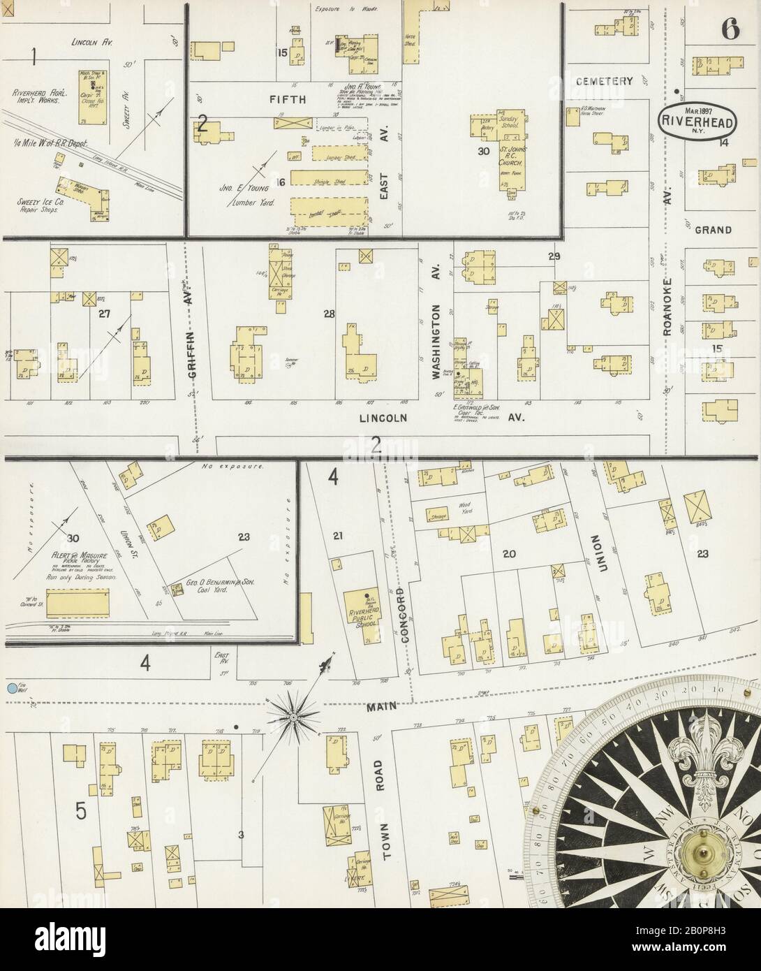 Immagine 6 Della Mappa Sanborn Fire Insurance Di Riverhead, Suffolk County, New York. Mar 1897. 6 fogli, America, mappa stradale con una bussola Del Xix Secolo Foto Stock