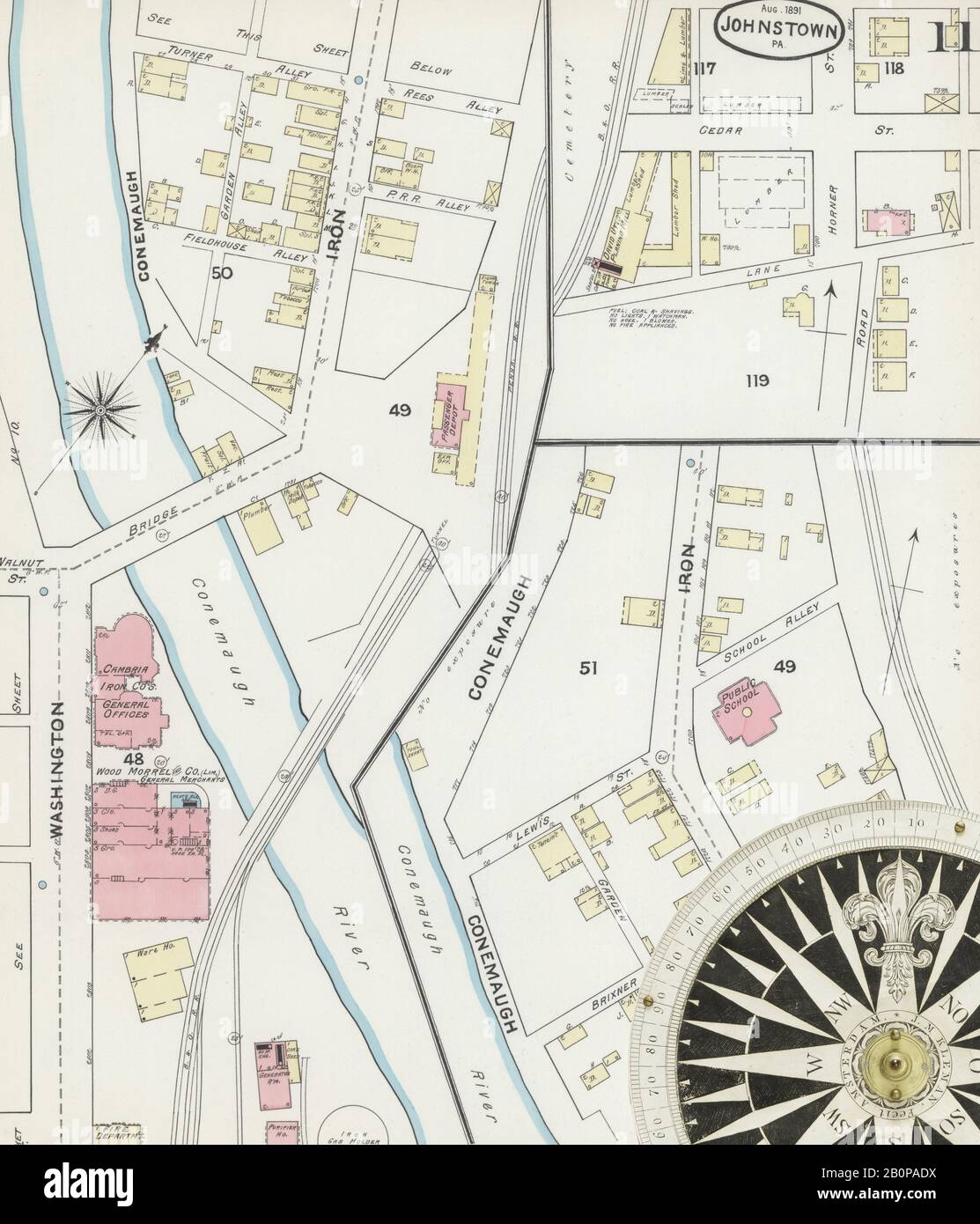 Immagine 11 Della Mappa Sanborn Fire Insurance Di Johnstown, Cambria County, Pennsylvania. Ago 1891. 21 fogli, America, mappa stradale con una bussola Del Xix Secolo Foto Stock