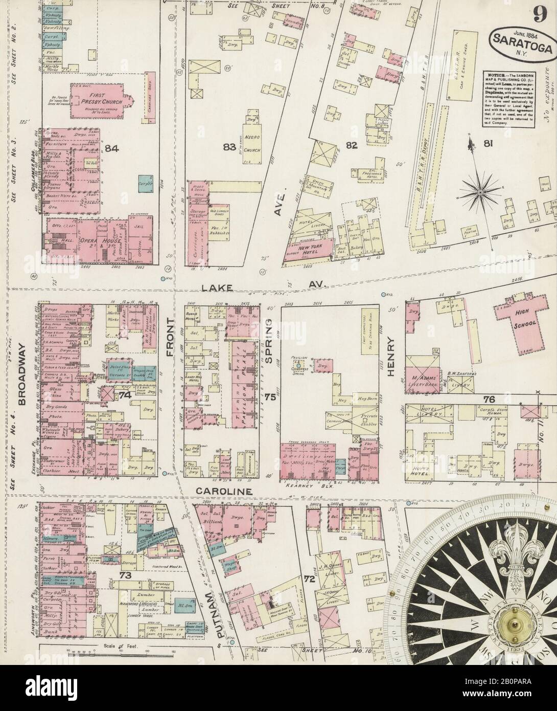 Immagine 9 Della Mappa Sanborn Fire Insurance Di Saratoga, Saratoga County, New York. Giu 1884. 13 fogli, America, mappa stradale con una bussola Del Xix Secolo Foto Stock