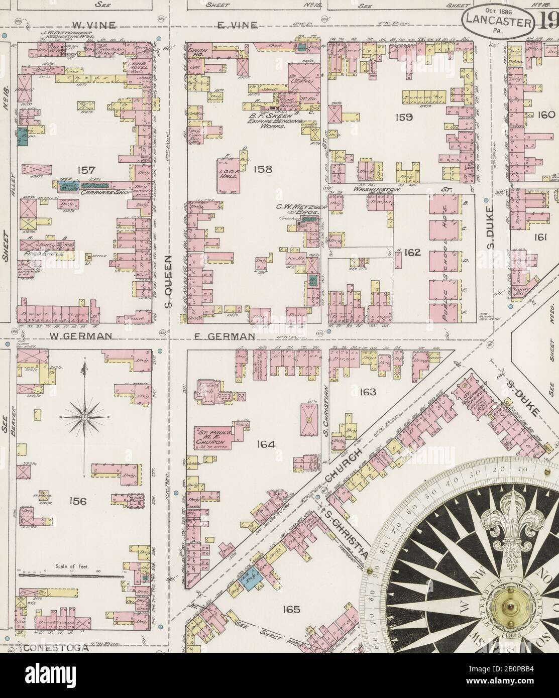 Immagine 19 Della Mappa Sanborn Fire Insurance Di Lancaster, Lancaster County, Pennsylvania. Ott 1886. 25 fogli, America, mappa stradale con una bussola Del Xix Secolo Foto Stock