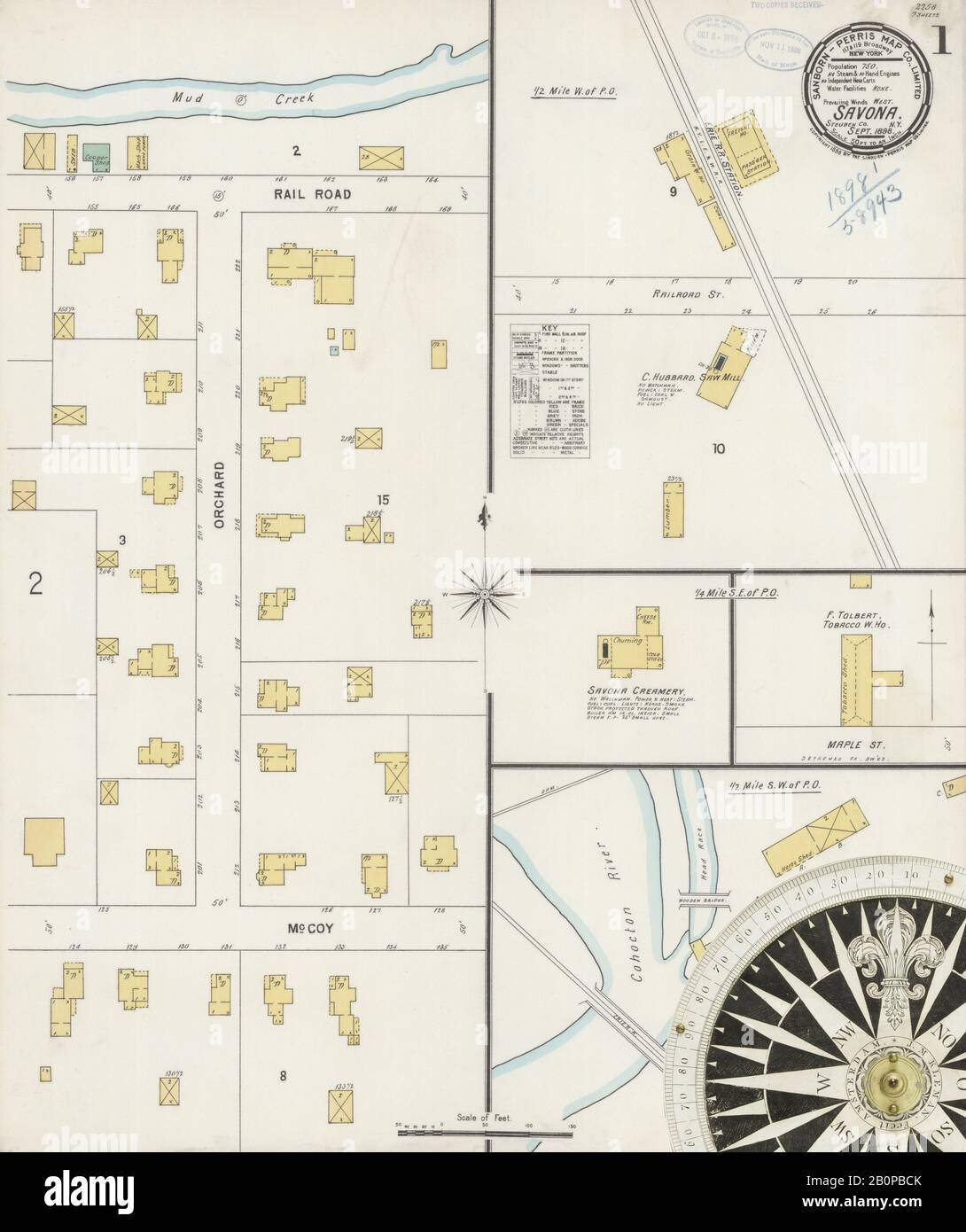 Immagine 1 Della Mappa Sanborn Fire Insurance Di Savona, Contea Di Steuben, New York. Set 1898. 2 fogli, America, mappa stradale con una bussola Del Xix Secolo Foto Stock