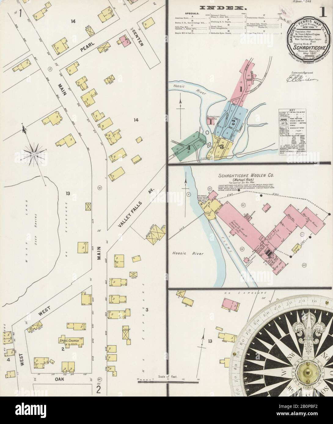 Immagine 1 Della Mappa Sanborn Fire Insurance Di Schaghticoke, Contea Di Rensselaer, New York. Maggio 1897. 4 fogli, America, mappa stradale con una bussola Del Xix Secolo Foto Stock