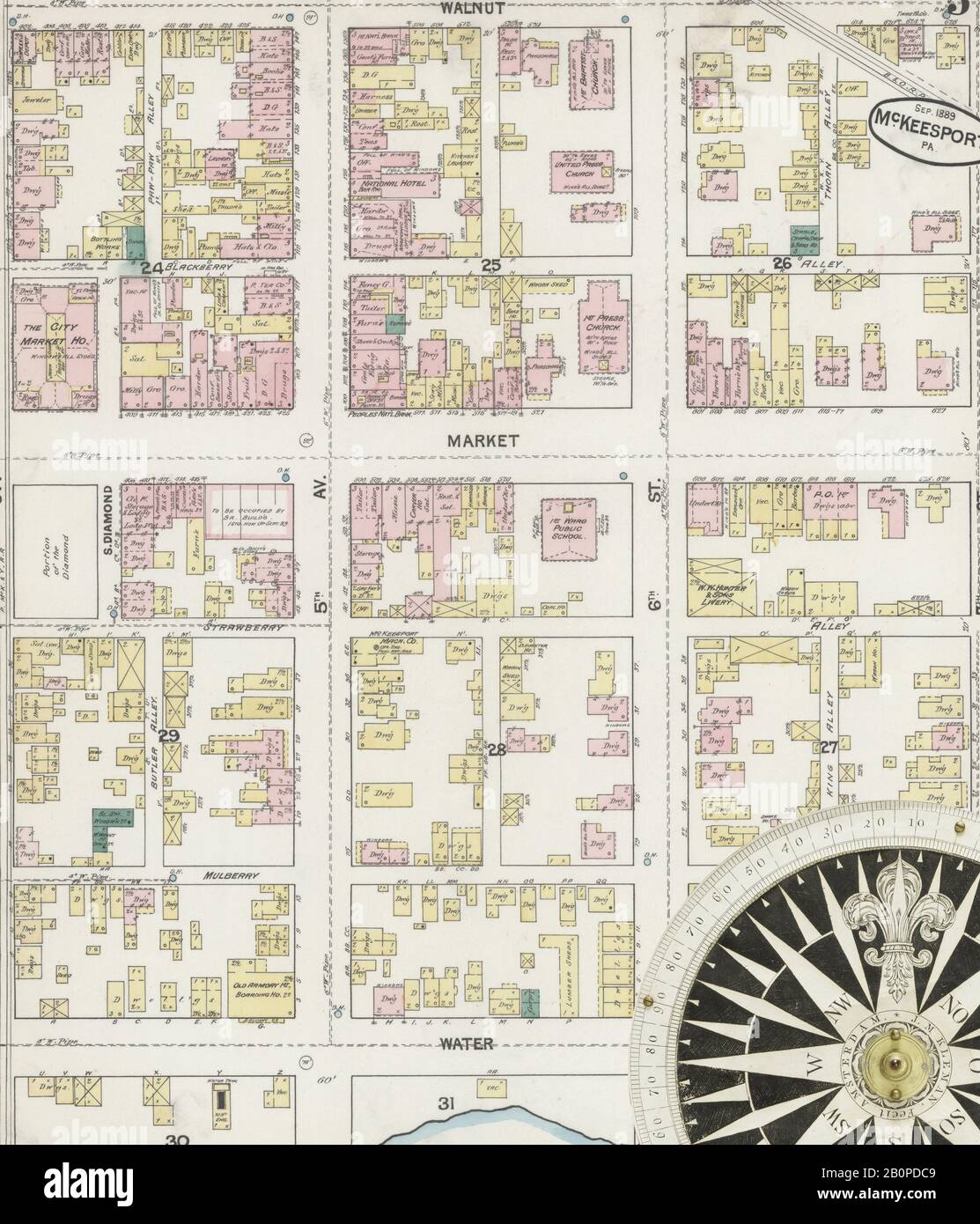 Immagine 5 della mappa Sanborn Fire Insurance di McKeesport, Allegheny County, Pennsylvania. Set 1889. 15 fogli, America, mappa stradale con una bussola Del Xix Secolo Foto Stock