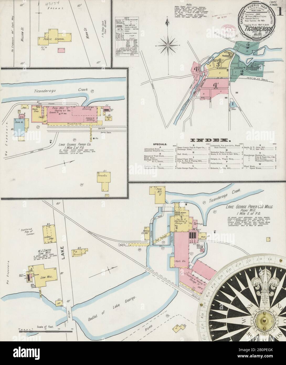 Immagine 1 Della Mappa Sanborn Fire Insurance Di Ticonderoga, Essex County, New York. Lug 1895. 4 fogli, America, mappa stradale con una bussola Del Xix Secolo Foto Stock