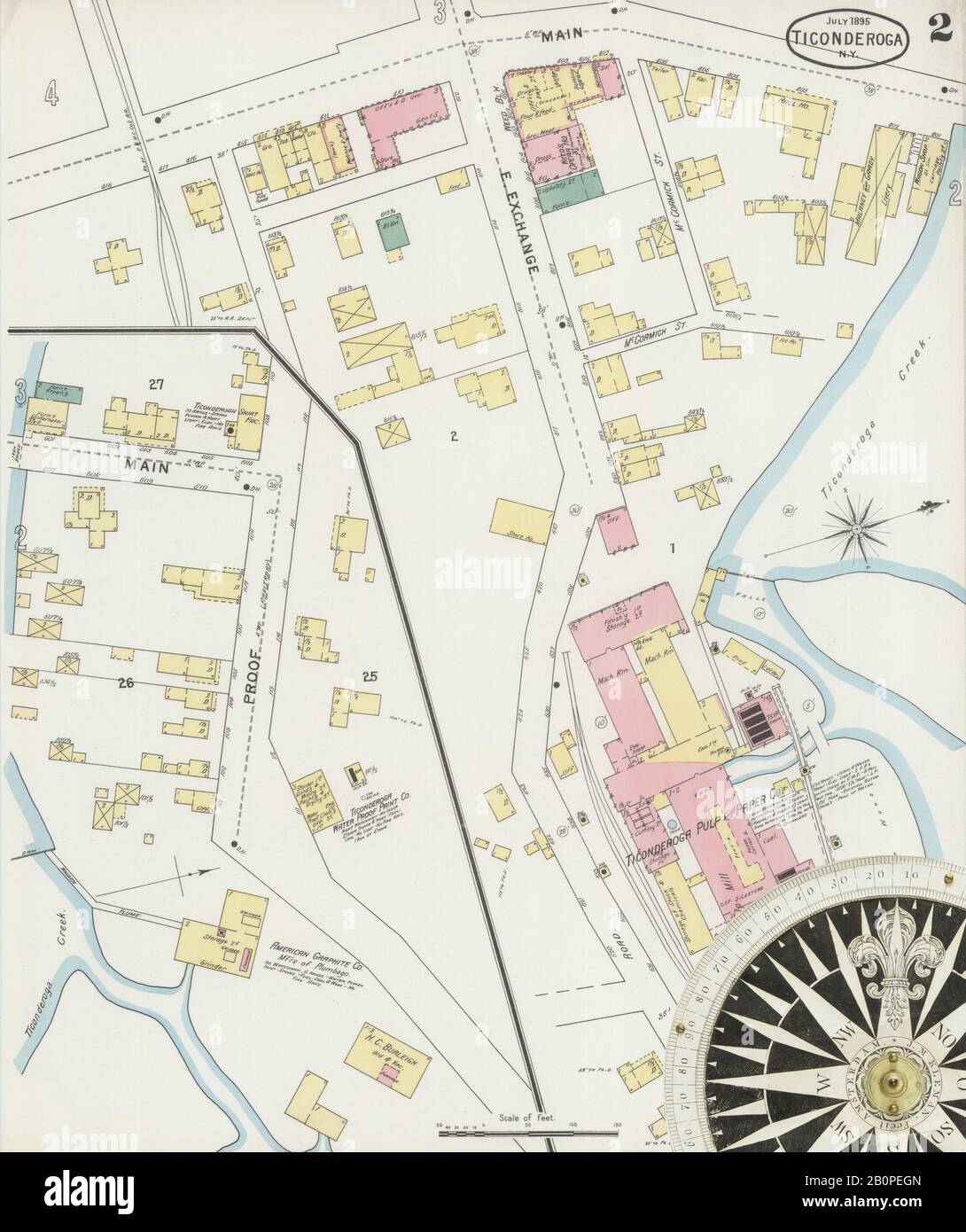 Immagine 2 Della Mappa Sanborn Fire Insurance Di Ticonderoga, Essex County, New York. Lug 1895. 4 fogli, America, mappa stradale con una bussola Del Xix Secolo Foto Stock