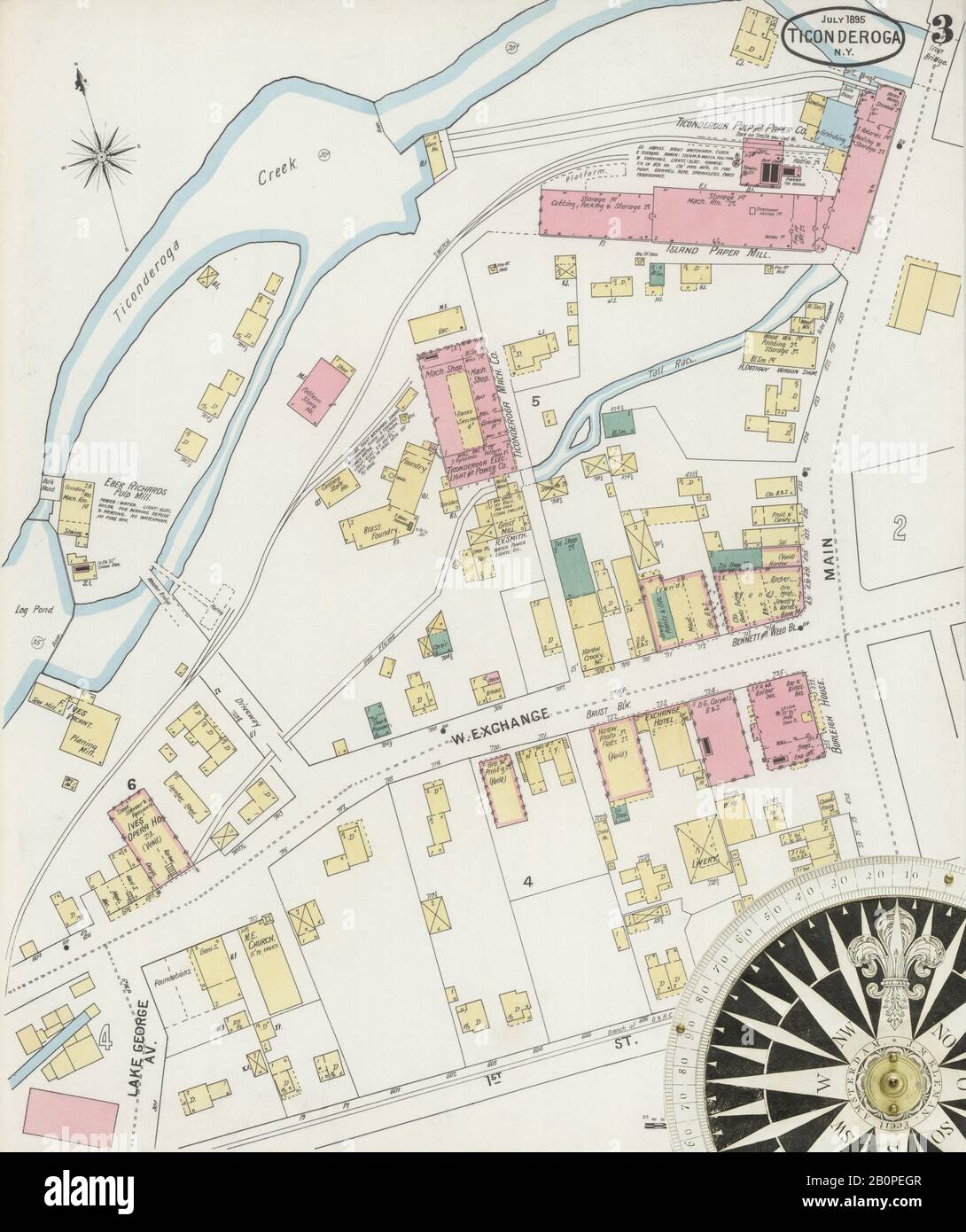 Immagine 3 Della Mappa Sanborn Fire Insurance Di Ticonderoga, Essex County, New York. Lug 1895. 4 fogli, America, mappa stradale con una bussola Del Xix Secolo Foto Stock