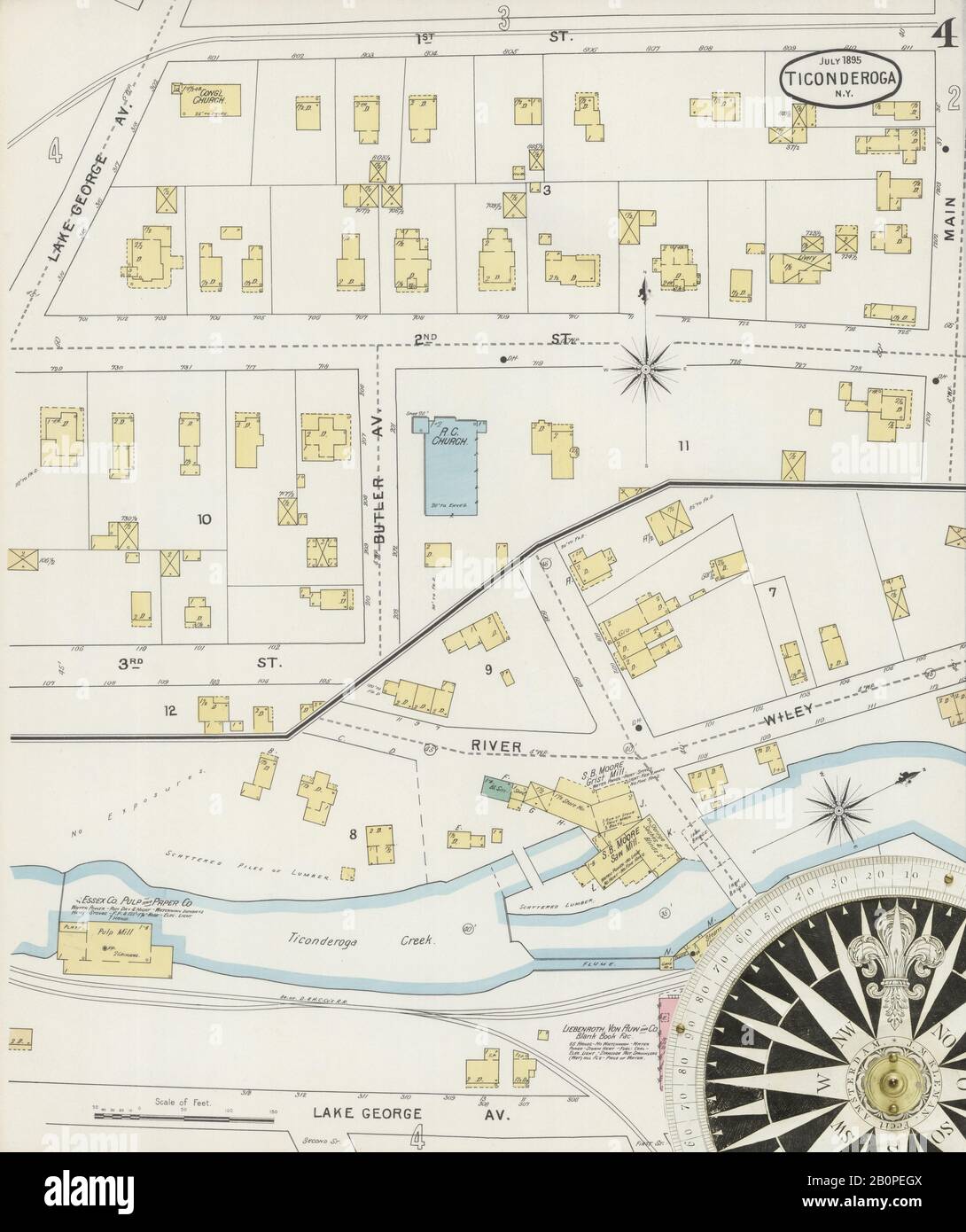 Immagine 4 Della Mappa Sanborn Fire Insurance Di Ticonderoga, Essex County, New York. Lug 1895. 4 fogli, America, mappa stradale con una bussola Del Xix Secolo Foto Stock
