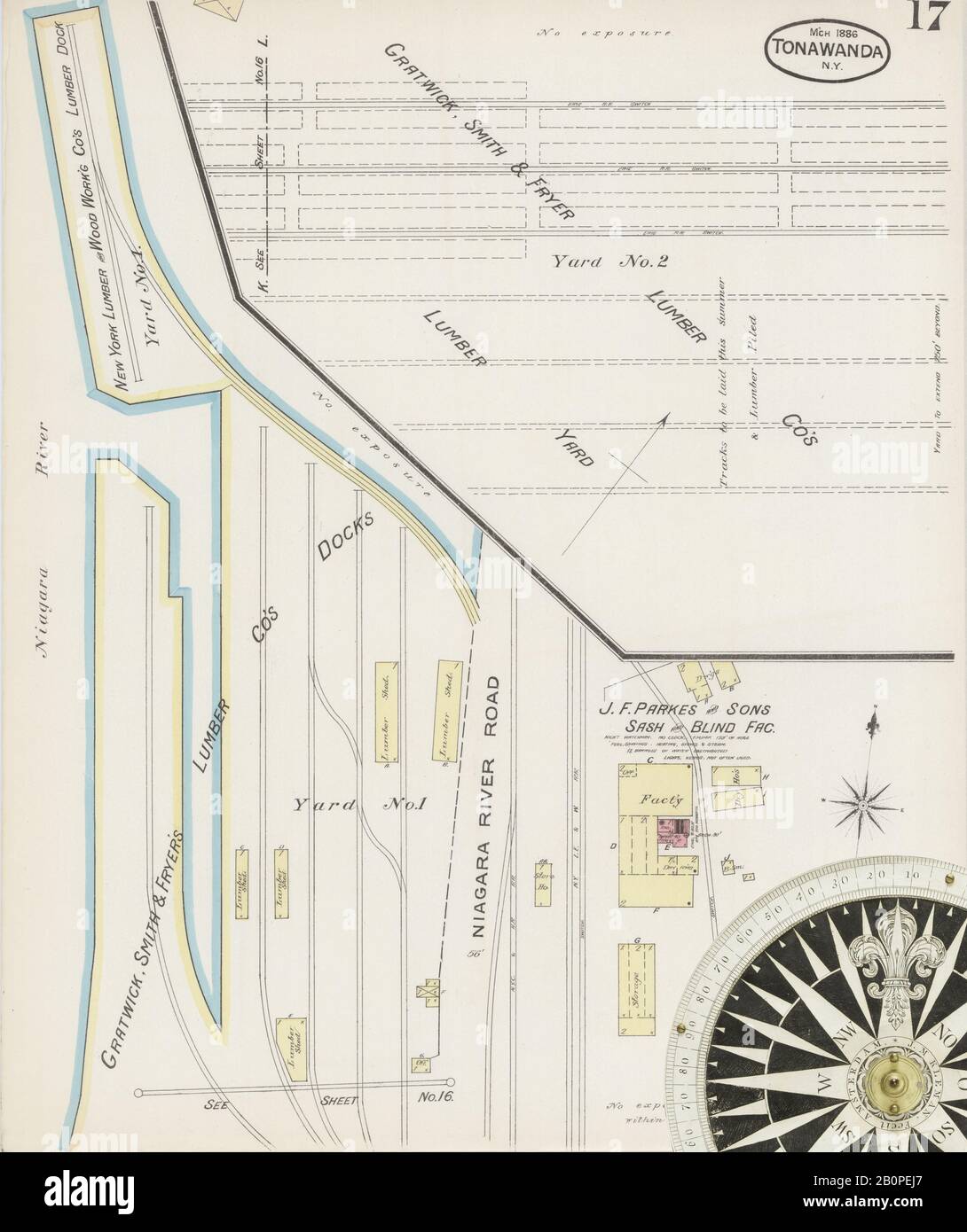 Immagine 17 Della Mappa Sanborn Fire Insurance Di Tonawanda, Erie County, New York. Mar 1886. 20 fogli, America, mappa stradale con una bussola Del Xix Secolo Foto Stock