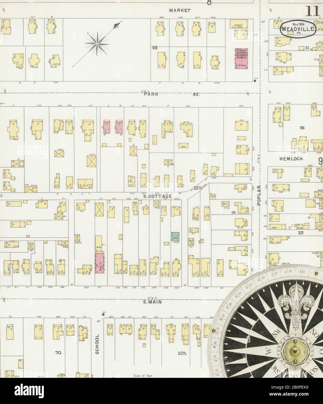 Immagine 11 Della Mappa Sanborn Fire Insurance Di Meadville, Crawford County, Pennsylvania. Nov 1896. 15 fogli, America, mappa stradale con una bussola Del Xix Secolo Foto Stock