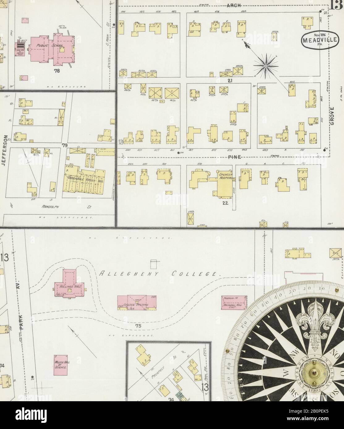 Immagine 13 Della Mappa Sanborn Fire Insurance Di Meadville, Crawford County, Pennsylvania. Nov 1896. 15 fogli, America, mappa stradale con una bussola Del Xix Secolo Foto Stock