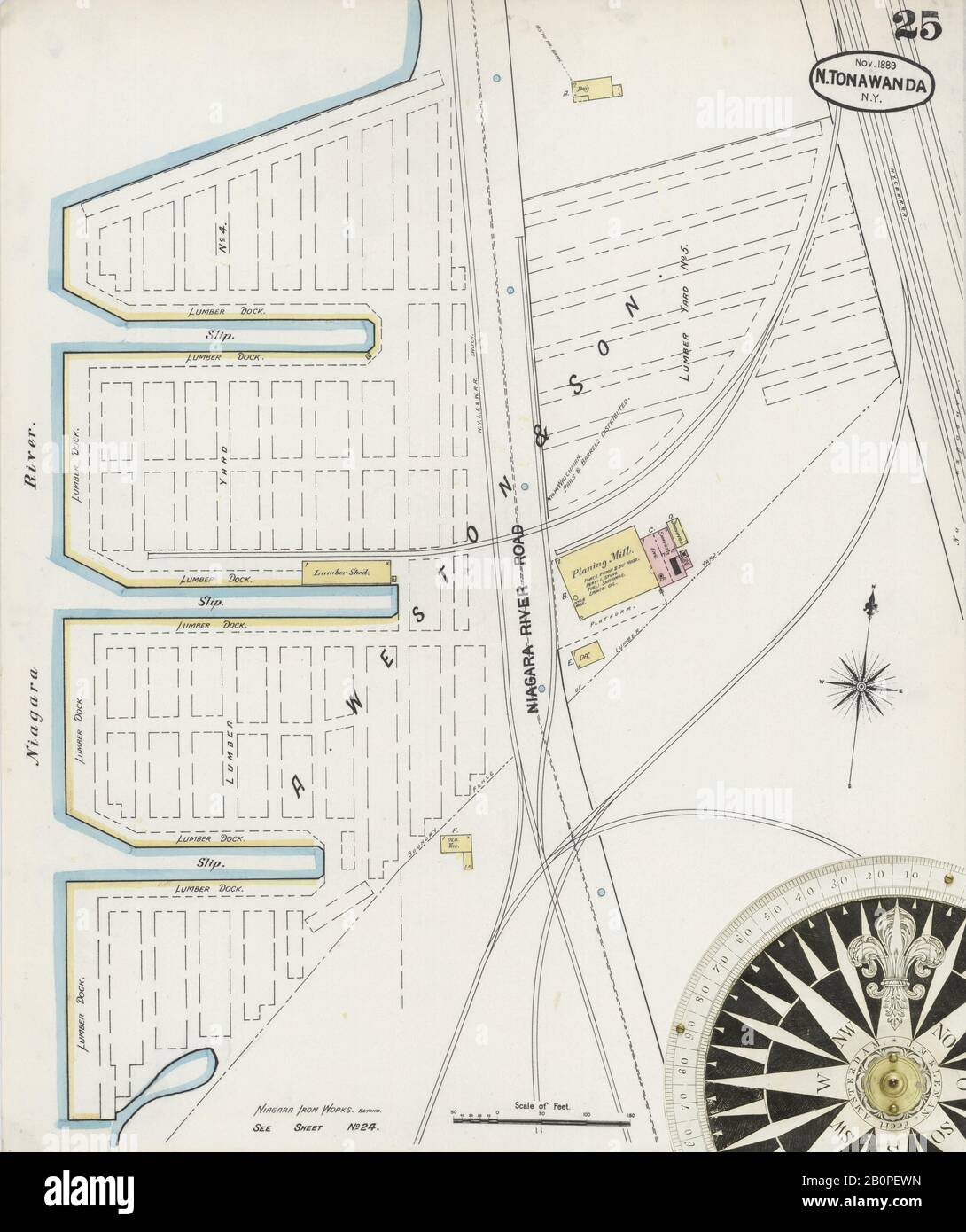 Immagine 25 Della Mappa Sanborn Fire Insurance Di Tonawanda, Erie County, New York. Nov 1889. 33 fogli, America, mappa stradale con bussola Ottocentesca Foto Stock