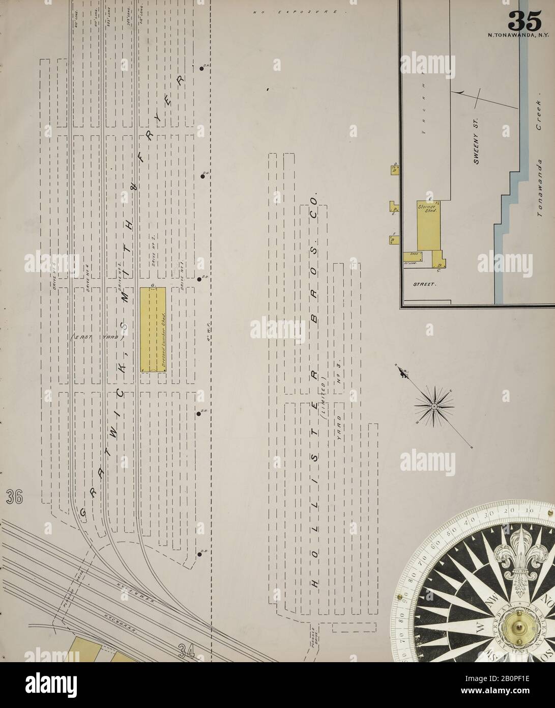 Immagine 36 Della Mappa Sanborn Fire Insurance Di Tonawanda, Erie County, New York. 1893. 45 fogli. Bound, America, mappa stradale con una bussola Del Xix Secolo Foto Stock