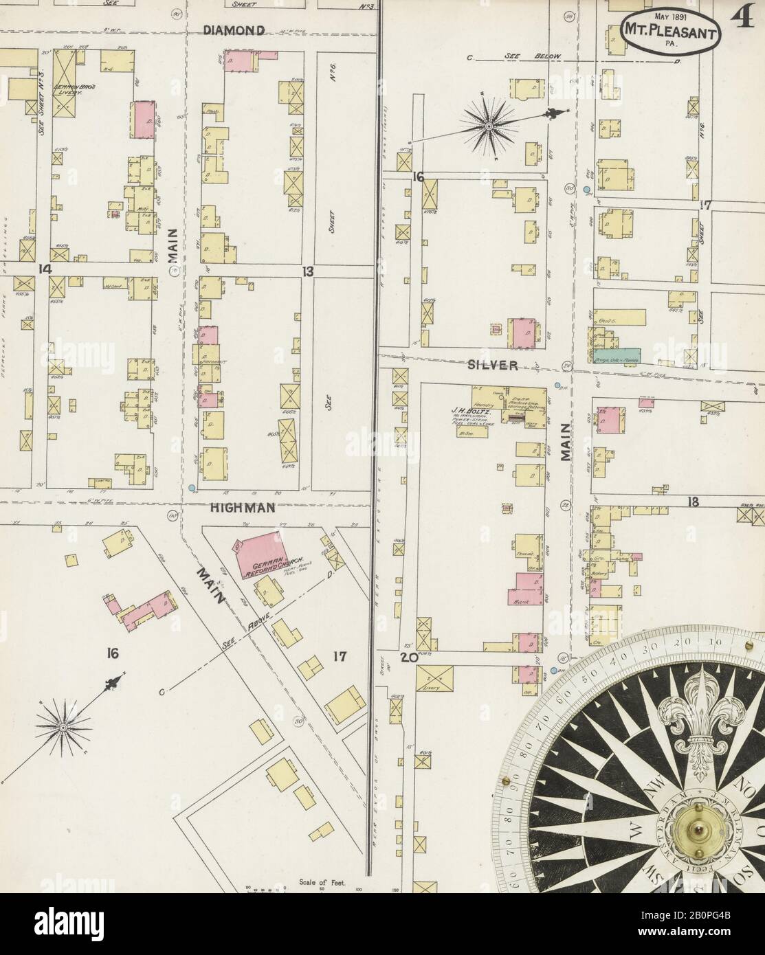 Immagine 4 Della Mappa Sanborn Fire Insurance Da Mount Pleasant, Westmoreland County, Pennsylvania. Giu 1891. 6 fogli, America, mappa stradale con una bussola Del Xix Secolo Foto Stock