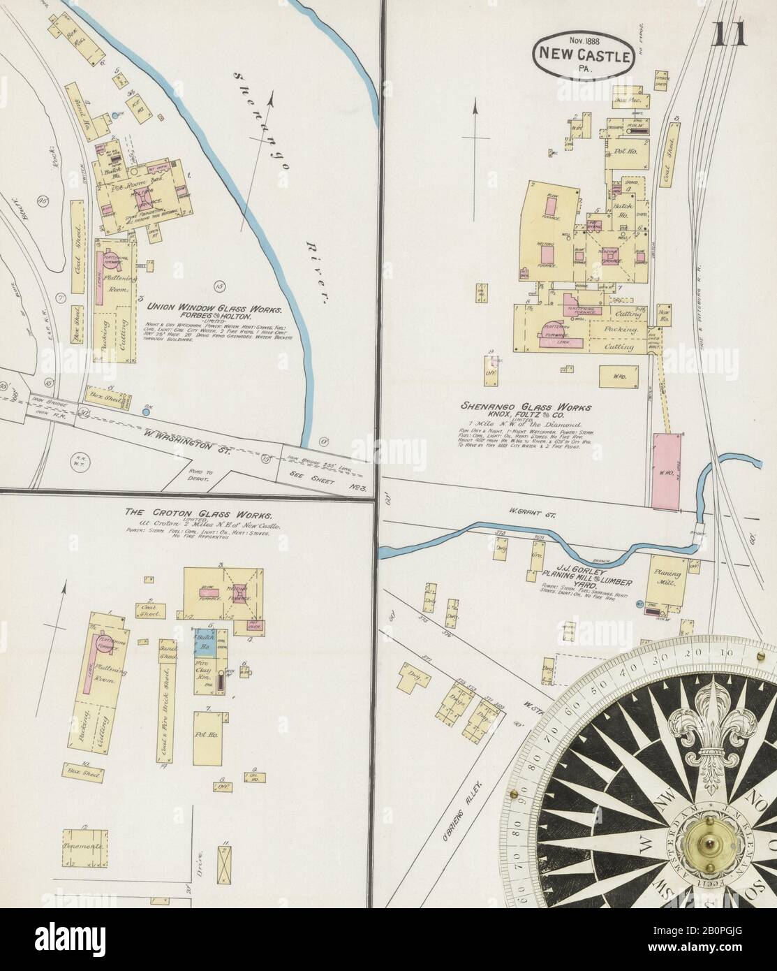 Immagine 11 Della Mappa Sanborn Fire Insurance Di New Castle, Lawrence County, Pennsylvania. Nov 1888. 12 fogli, America, mappa stradale con una bussola Del Xix Secolo Foto Stock