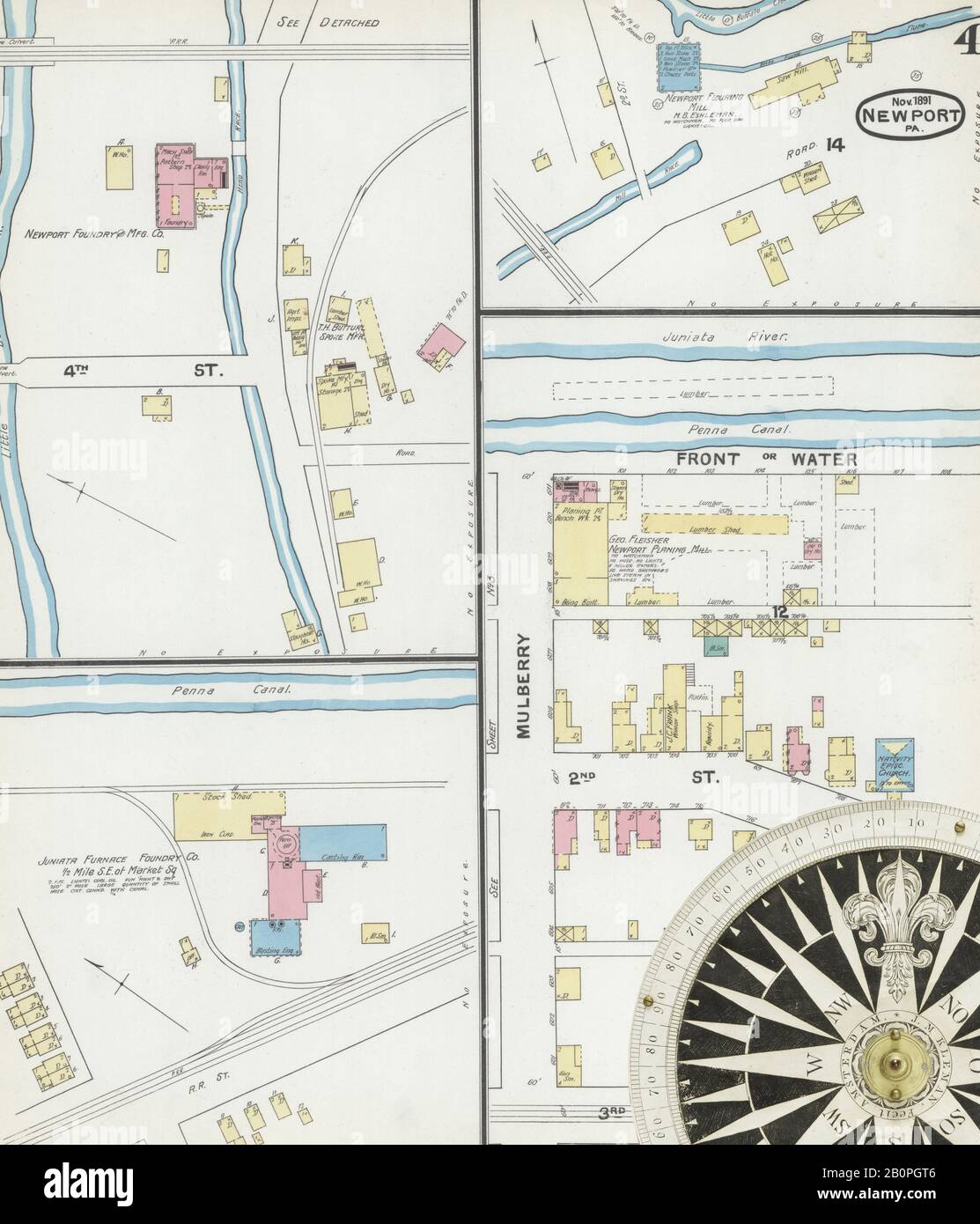 Immagine 4 Della Mappa Sanborn Fire Insurance Di Newport, Perry County, Pennsylvania. Nov 1891. 4 fogli, America, mappa stradale con una bussola Del Xix Secolo Foto Stock