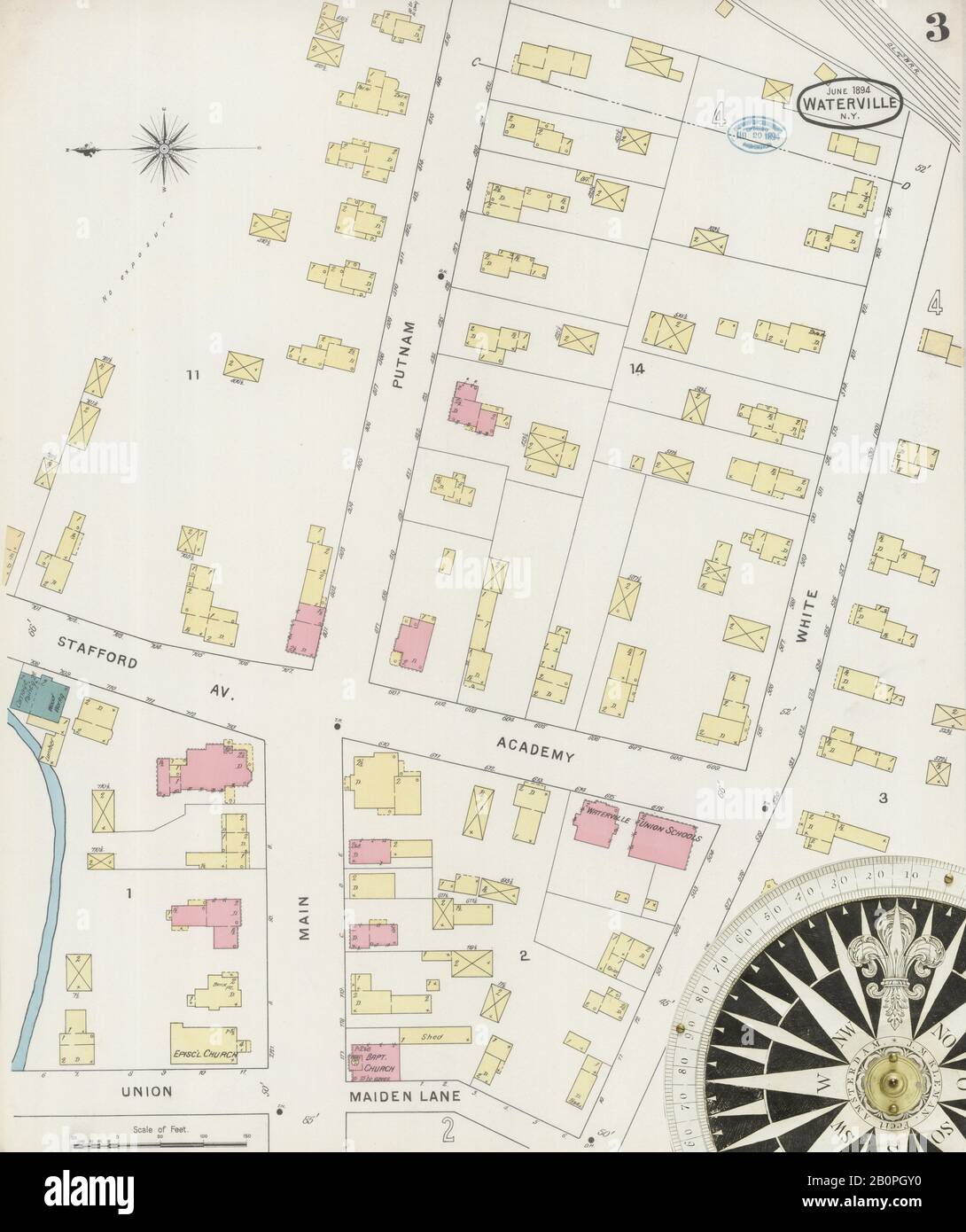 Immagine 3 Della Mappa Sanborn Fire Insurance Di Waterville, Oneida County, New York. Giu 1894. 5 fogli, America, mappa stradale con una bussola Del Xix Secolo Foto Stock