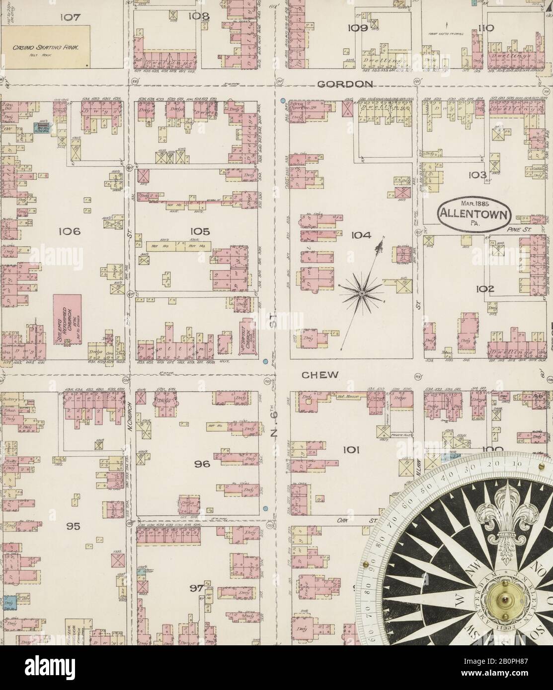 Immagine 7 Della Mappa Sanborn Fire Insurance Di Allentown, Lehigh County, Pennsylvania. Mar 1885. 25 fogli, America, mappa stradale con una bussola Del Xix Secolo Foto Stock