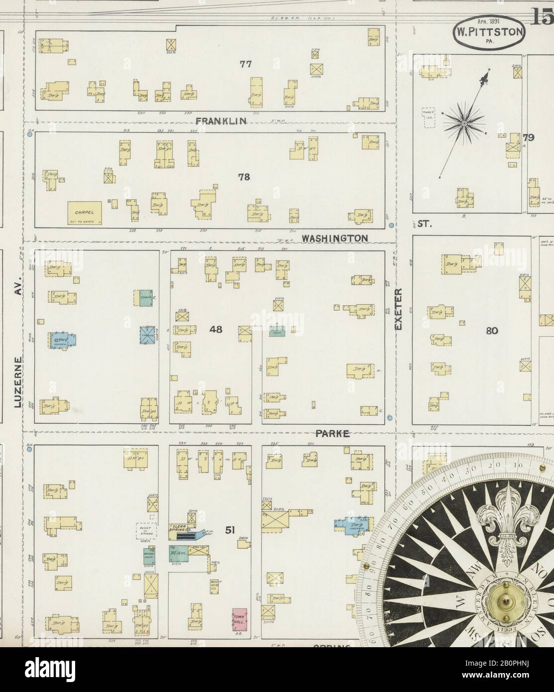 Immagine 15 Della Mappa Sanborn Fire Insurance Di Pittston, Luzerne County, Pennsylvania. Apr 1891. 16 fogli, America, mappa stradale con una bussola Del Xix Secolo Foto Stock