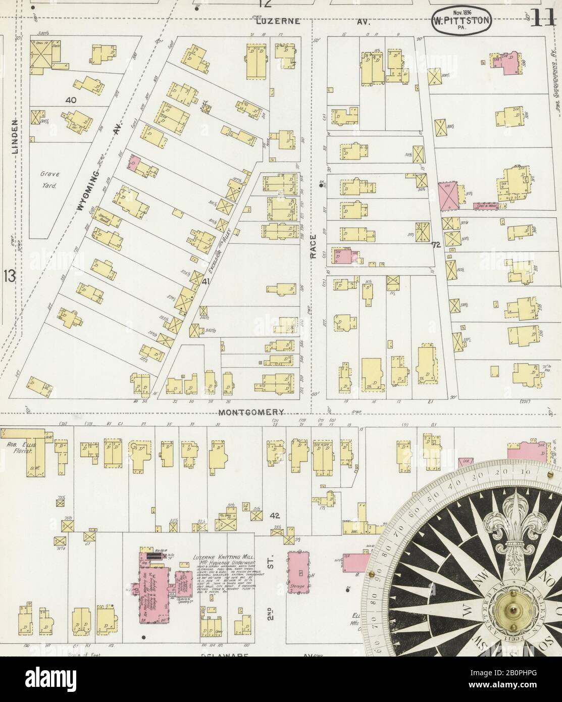 Immagine 11 Della Mappa Sanborn Fire Insurance Di Pittston, Luzerne County, Pennsylvania. Nov 1896. 17 fogli, America, mappa stradale con una bussola Del Xix Secolo Foto Stock