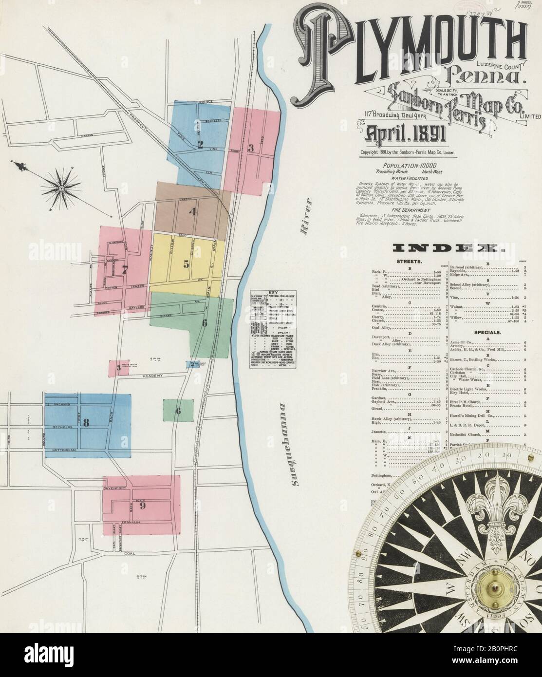 Immagine 1 Della Mappa Sanborn Fire Insurance Da Plymouth, Luzerne County, Pennsylvania. Apr 1891. 9 fogli, America, mappa stradale con una bussola Del Xix Secolo Foto Stock