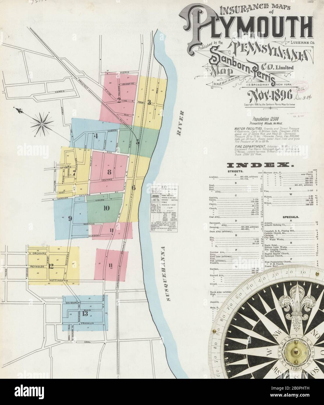 Immagine 1 Della Mappa Sanborn Fire Insurance Da Plymouth, Luzerne County, Pennsylvania. Nov 1896. 13 fogli, America, mappa stradale con una bussola Del Xix Secolo Foto Stock