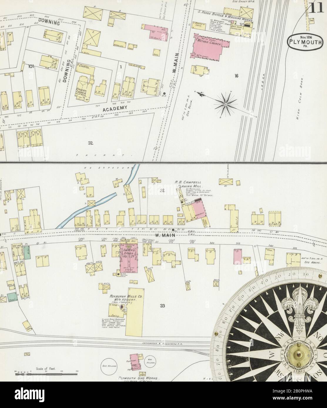 Immagine 11 Della Mappa Sanborn Fire Insurance Da Plymouth, Luzerne County, Pennsylvania. Nov 1896. 13 fogli, America, mappa stradale con una bussola Del Xix Secolo Foto Stock