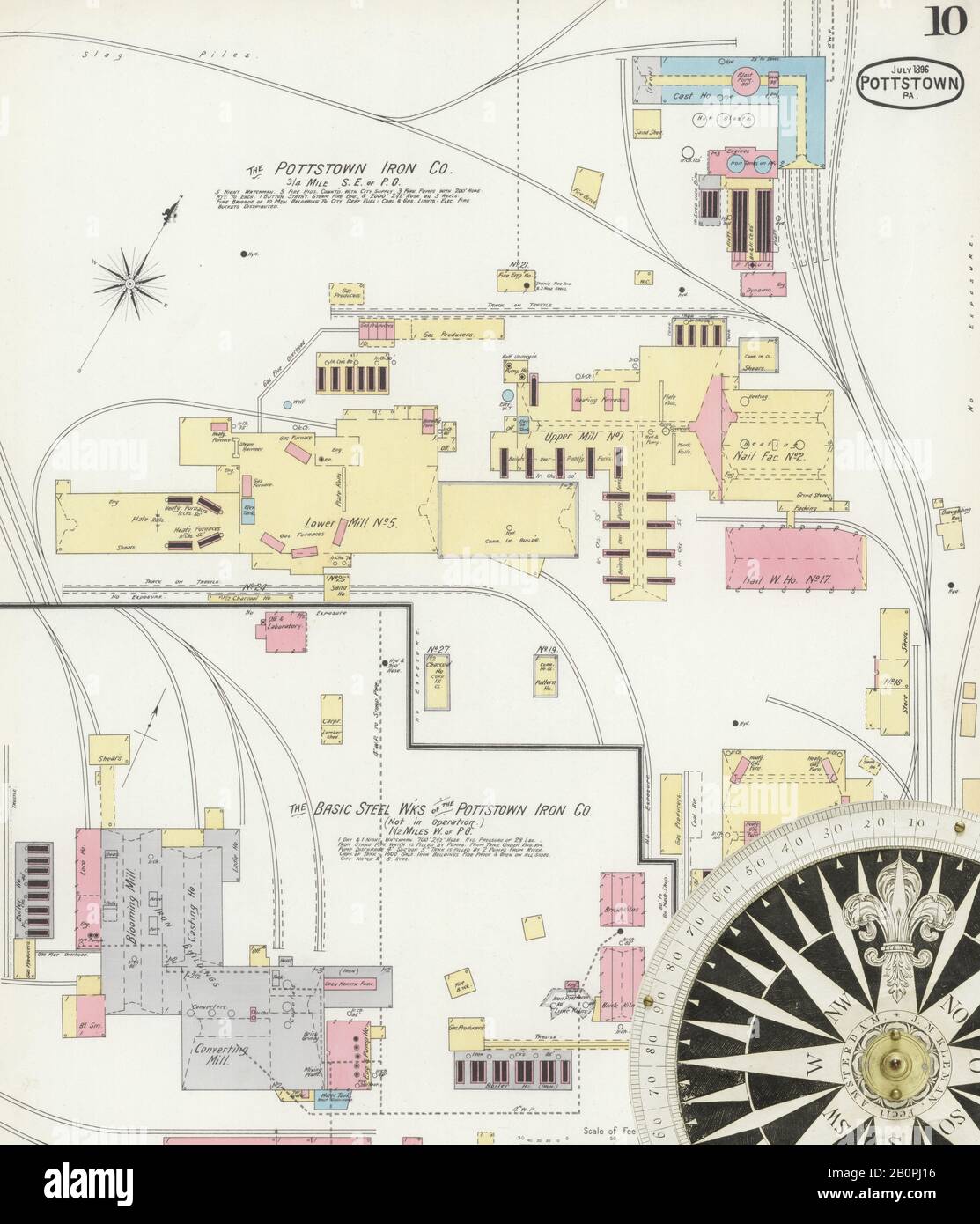 Immagine 10 Della Mappa Sanborn Fire Insurance Da Pottstown, Montgomery County, Pennsylvania. Lug 1896. 14 fogli, America, mappa stradale con una bussola Del Xix Secolo Foto Stock