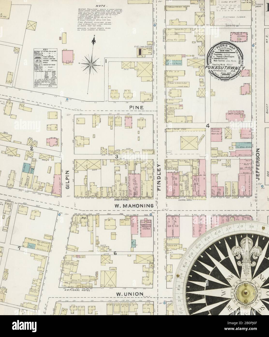 Immagine 1 Della Mappa Sanborn Fire Insurance Di Punxsutawney, Jefferson County, Pennsylvania. Ago 1891. 2 fogli, America, mappa stradale con una bussola Del Xix Secolo Foto Stock