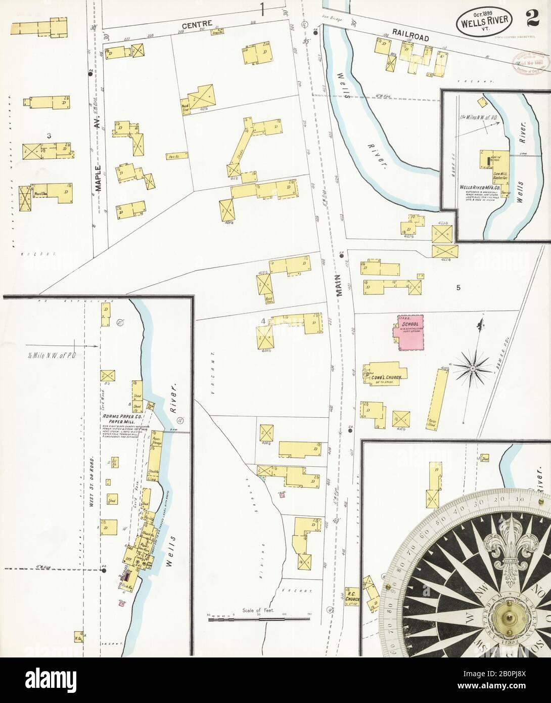 Immagine 2 Della Mappa Sanborn Fire Insurance Da Wells River, Orange County, Vermont. Ott 1899. 2 fogli, America, mappa stradale con una bussola Del Xix Secolo Foto Stock