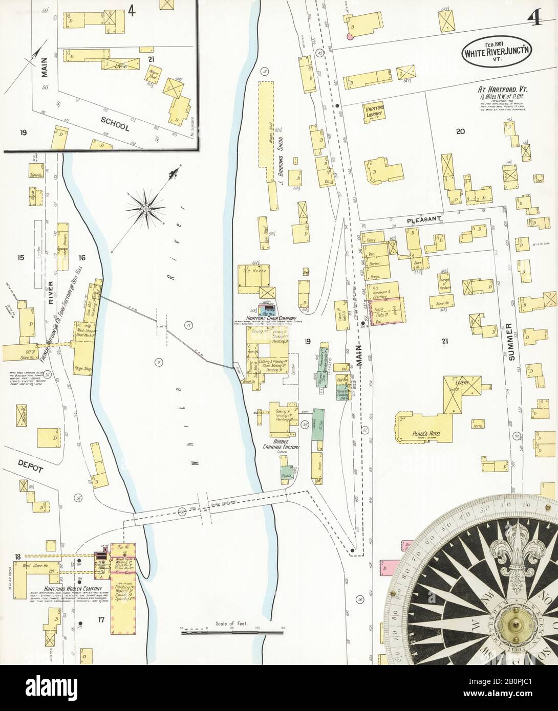 Immagine 4 Della Mappa Sanborn Fire Insurance Da White River Junction, Windsor County, Vermont. Feb 1901. 4 fogli, America, mappa stradale con una bussola Del Xix Secolo Foto Stock