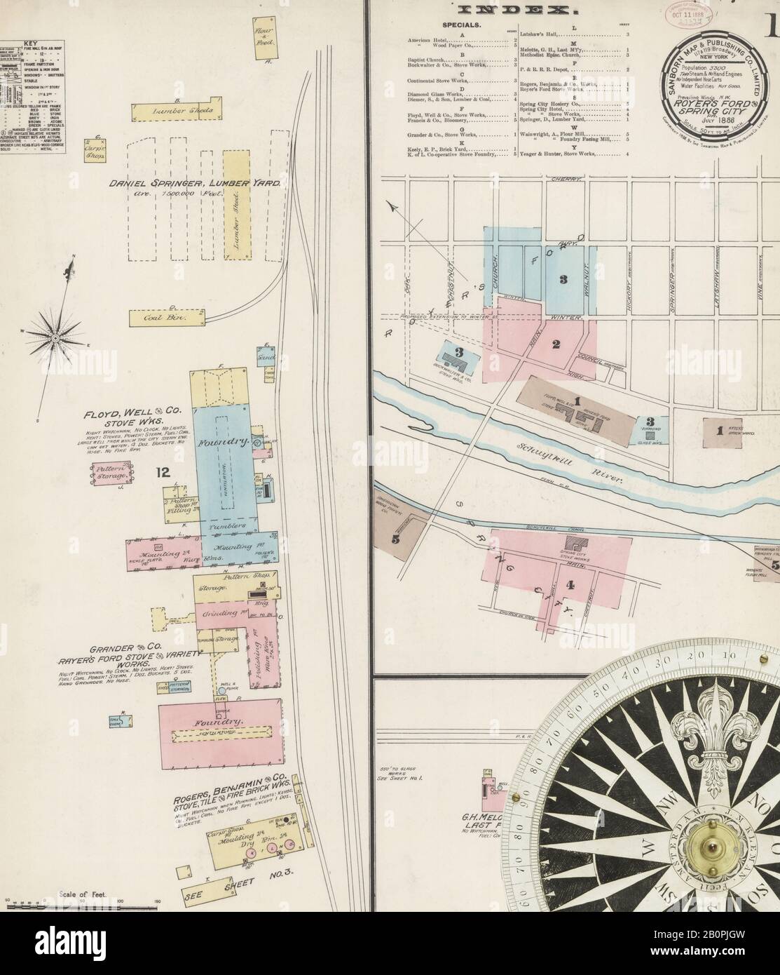 Immagine 1 Della Mappa Sanborn Fire Insurance Di Royersford, Montgomery County, Pennsylvania. Lug 1888. 5 fogli. Include Spring City, Chester Co., America, mappa stradale con una bussola Del Xix Secolo Foto Stock