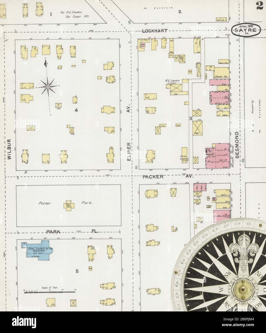 Immagine 2 Della Mappa Sanborn Fire Insurance Di Sayre, Bradford County, Pennsylvania. Apr 1892. 3 fogli, America, mappa stradale con una bussola Del Xix Secolo Foto Stock