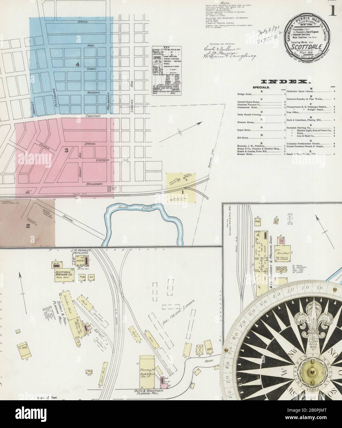 Immagine 1 Della Mappa Sanborn Fire Insurance Di Scottdale, Westmoreland County, Pennsylvania. Maggio 1891. 4 fogli, America, mappa stradale con una bussola Del Xix Secolo Foto Stock