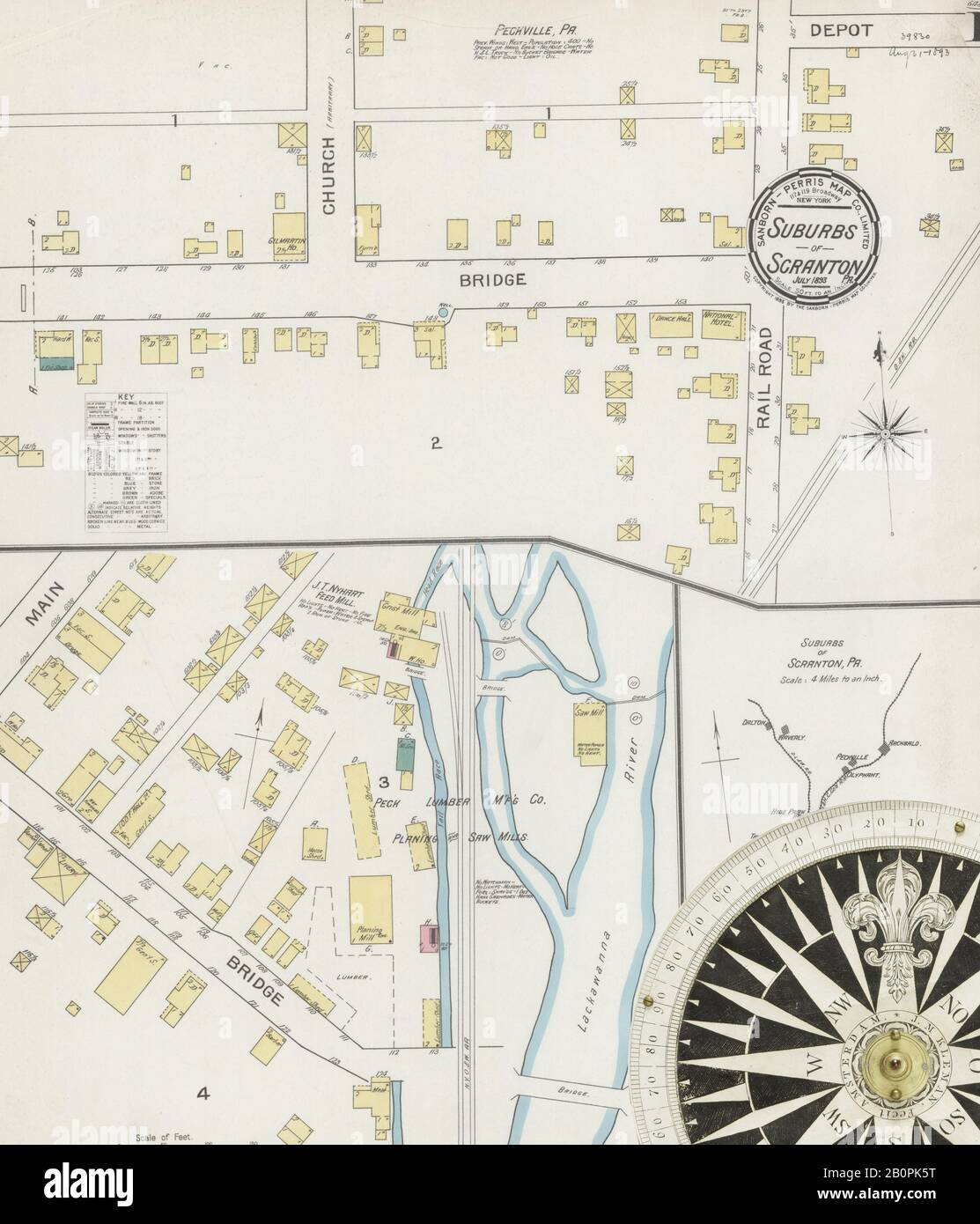Immagine 1 Della Mappa Sanborn Fire Insurance Di Scranton Suburbs, Lackawanna County, Pennsylvania. Lug 1893. 5 fogli. Include Archbald, Dalton, Moosic, Moscow, Peckville, Taylorville, Waverly, America, mappa stradale con una bussola Ottocentesca Foto Stock