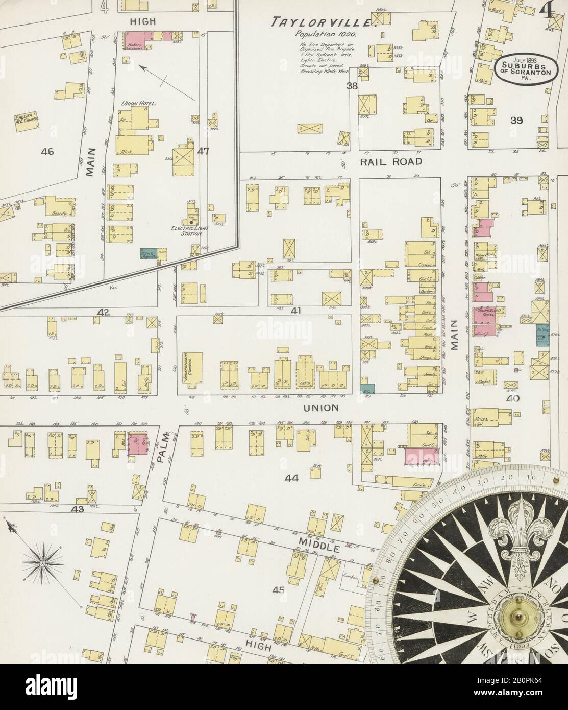 Immagine 4 Della Mappa Sanborn Fire Insurance Di Scranton Suburbs, Lackawanna County, Pennsylvania. Lug 1893. 5 fogli. Include Archbald, Dalton, Moosic, Moscow, Peckville, Taylorville, Waverly, America, mappa stradale con una bussola Ottocentesca Foto Stock
