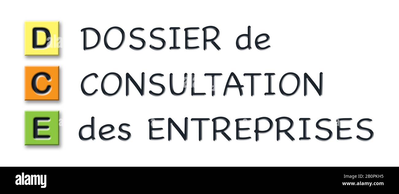 Sigla DCE 3d in cubetti 3d colorati con significato 3d in lingua francese Foto Stock